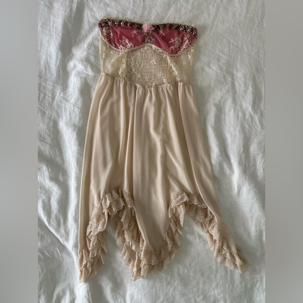 Free People Cream and Pink Lace Strapless Dress
